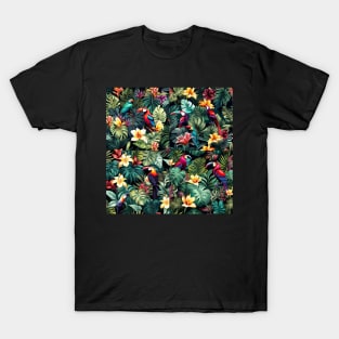 graphic design pattern tropical nature parrots monstera palms botanical palm leaves bird of paradise wildlife forest garden jungle T-Shirt